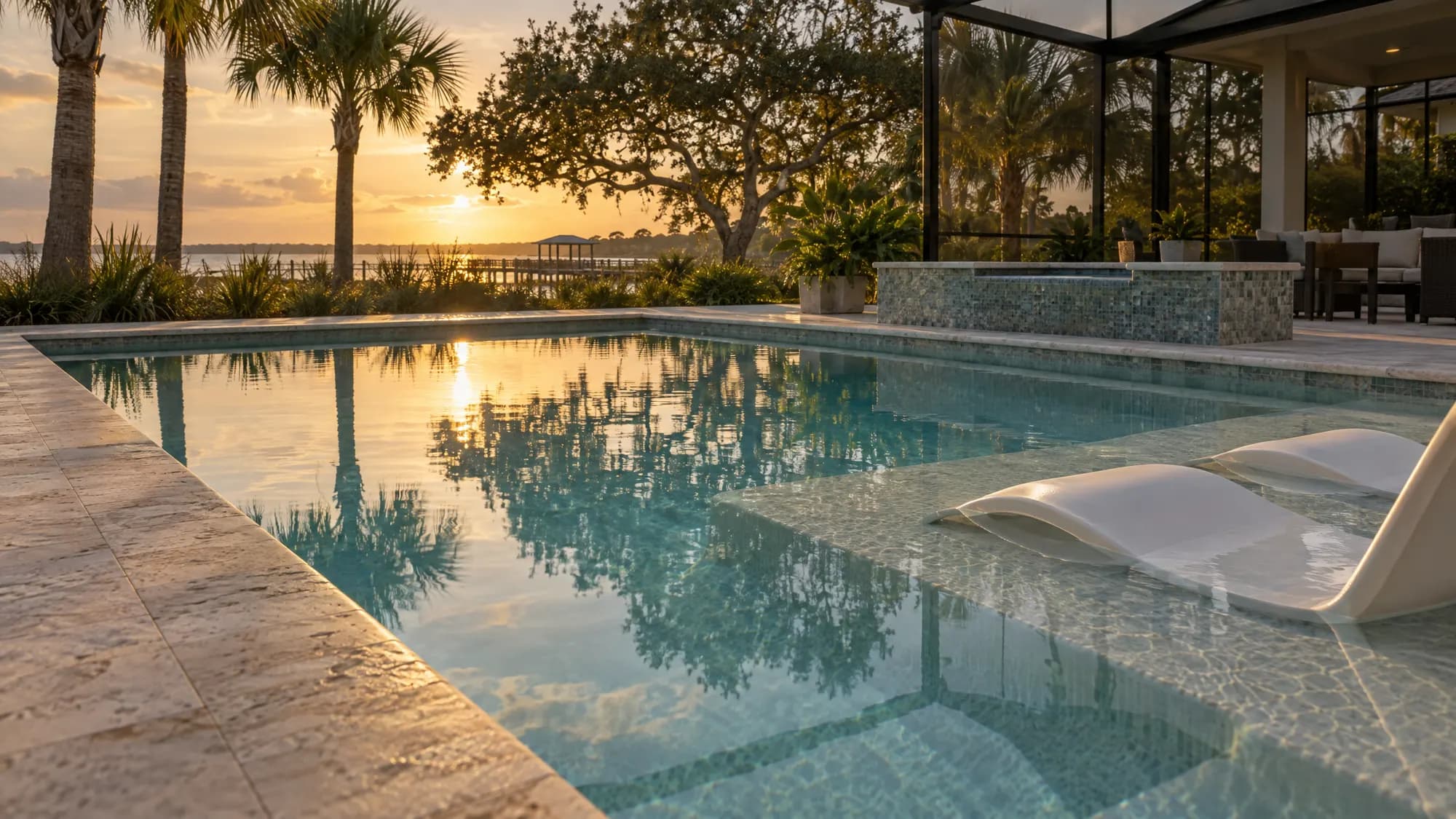 A freshly resurfaced pool with a pale pebble finish and travertine coping at sunset in Clearwater, Florida