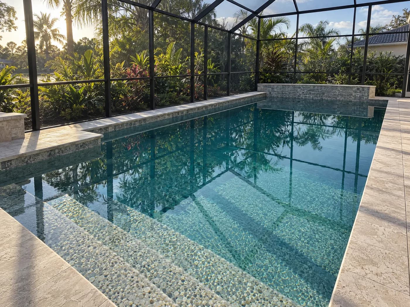 A rectangular pool with a pale blue pebble finish under a screened lanai
