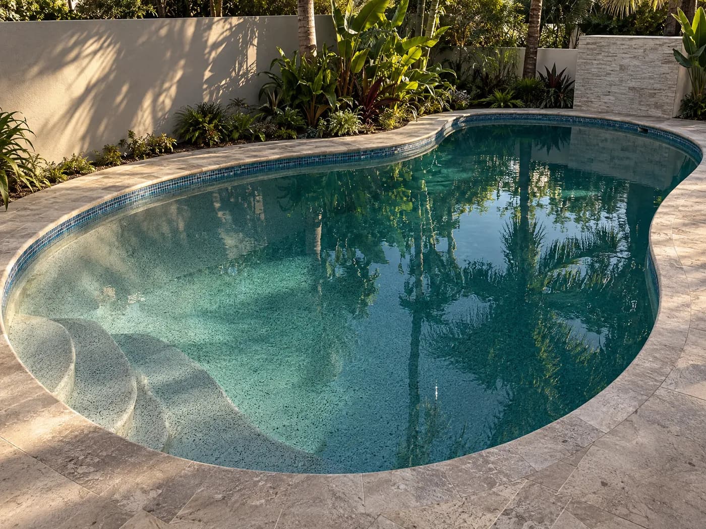 A kidney-shaped pool with a pale grey quartz finish and blue mosaic tile
